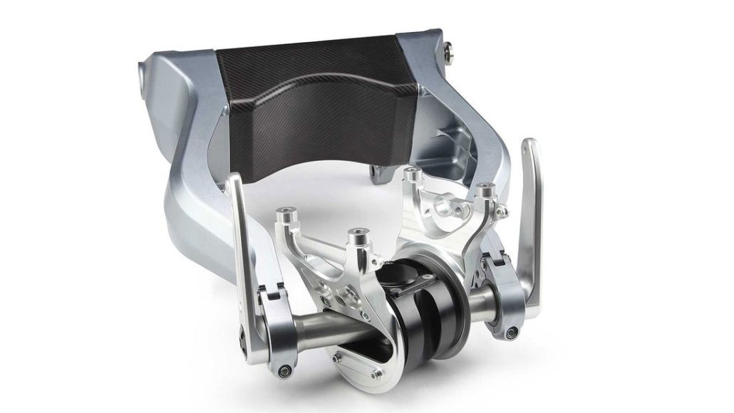 Tesi前搖臂懸吊系統拆解圖,可以看到因為捨棄傳統式的潛望式前叉系統,進而導入如後搖臂結構的雙鋁合金搖臂懸吊,因為搖臂系統沒有轉向性,所以轉向功能轉由前輪轂處理,造就了體積碩大的前懸吊總成。