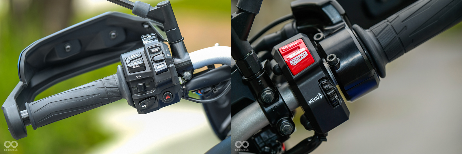 左手開關上除了一般常見的控制按鈕之外，還有TCS循跡控制開關、動力模式調整以及定速巡航；右手部分則是有整合式的啟動／引擎開關以及儀表控制旋鈕。