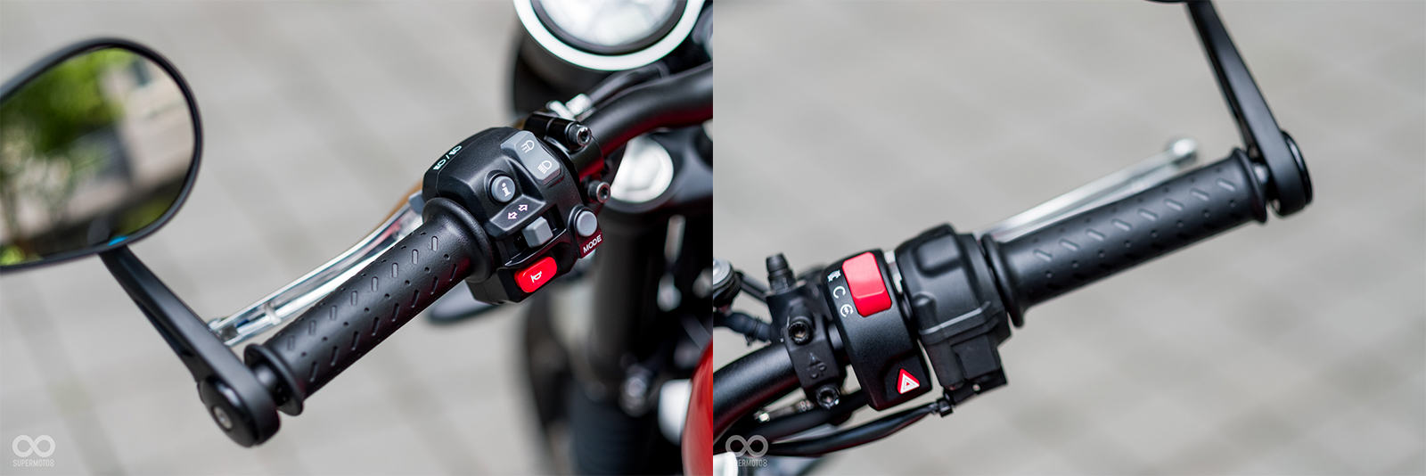 左把手除了傳統按鍵之外，還有儀表資訊、模式切換按鍵等；右把手上則是有引擎開關啟動鍵和警示燈