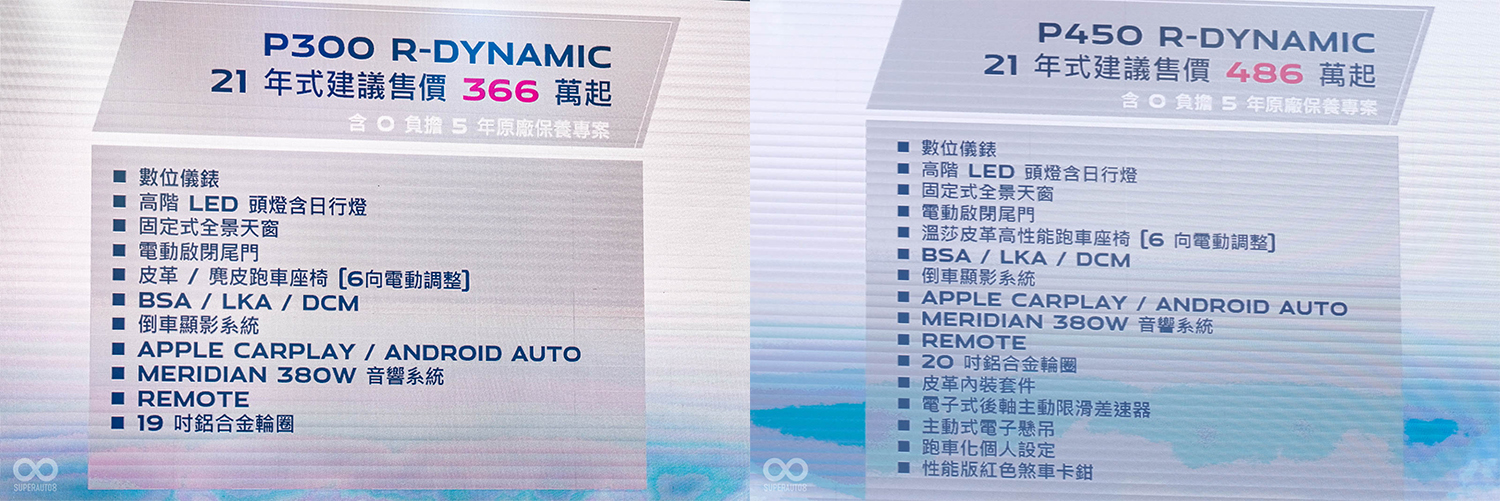 小改款F-Type共有P300 R-Dynamic和P450 R-Dynamic兩種車型，價格分別為366萬與486萬