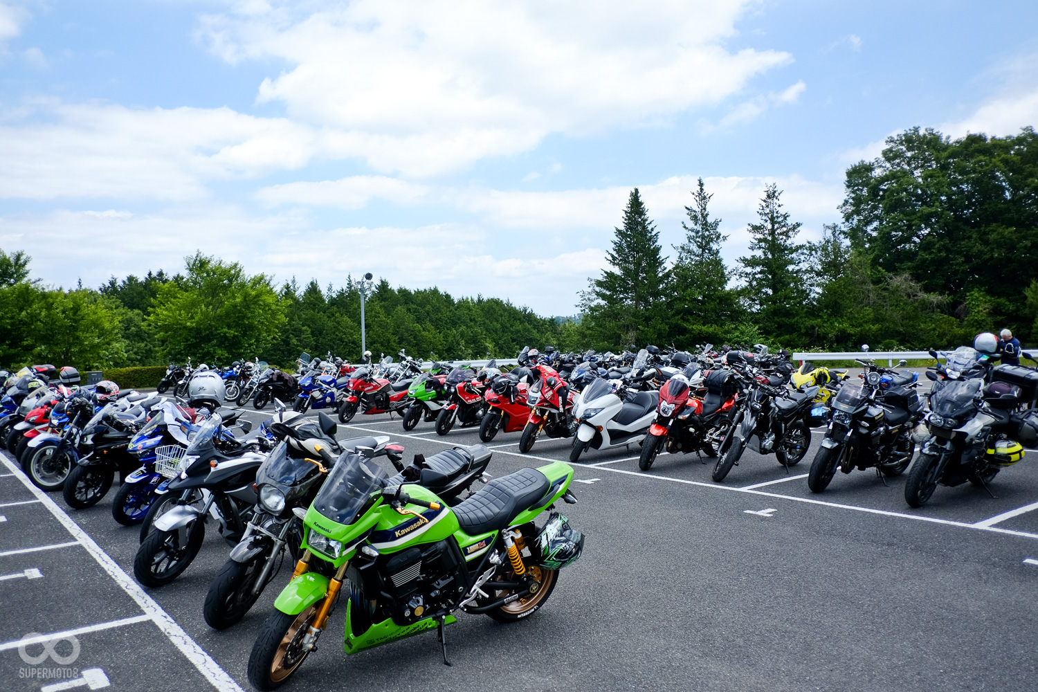 離開博物館前往賽道途中，看見許多民眾騎摩托車來觀戰，他們停的好像是汽車停車位，讓台灣人的我們會心一笑