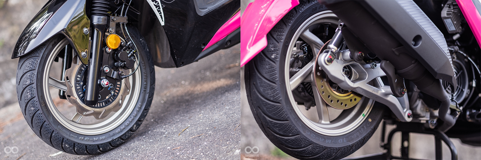 前輪換上和FNX相同的輕量化鋁圈,搭配單二卡鉗226mm碟盤,並擁有BOSCH的ABS系統;後輪使用190mm碟盤配單活塞卡鉗