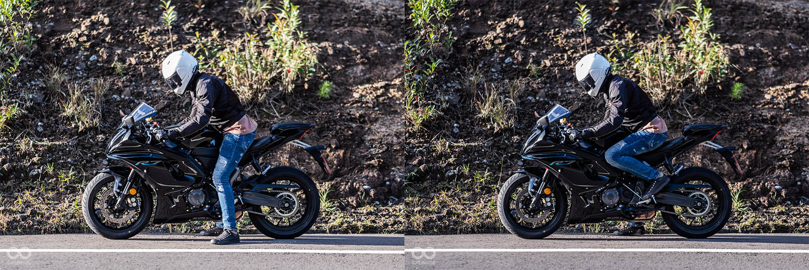 身高180公分跨上YZF-R7 835mm的座高，雙腳能輕鬆踏地；腳踏位置也相當的高，在低速騎乘時需要更注意