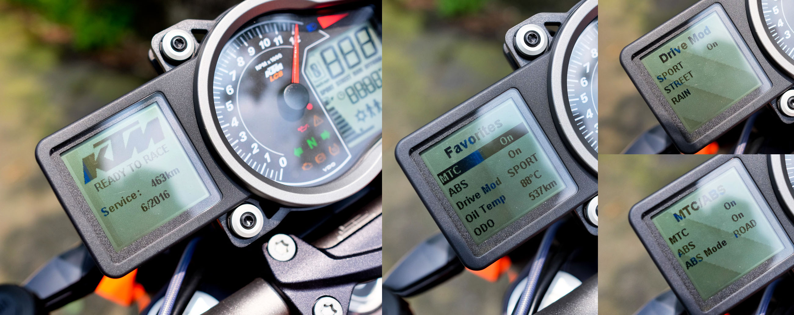 透過左手把上的控制按鈕，可快速設定車輛模式。共有三種動力模式與三種MTC/ABS 設定