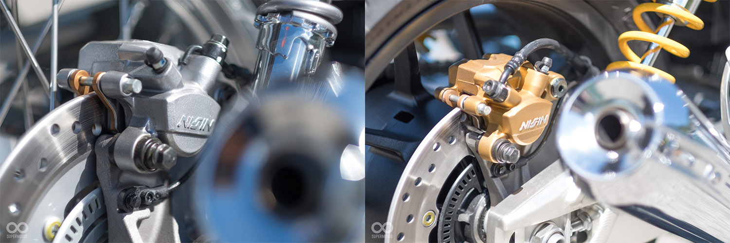 後制動的配置相當,但外觀配色上略也不同,EX使用低調的霧銀,而RS則是使用了與前端相同的金色處理