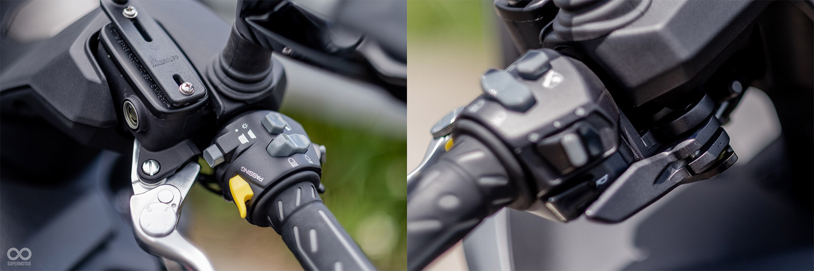 左手把前方有超車燈板機鍵,一旁按鈕可切換日行燈、大燈亮起;把手開關底下還有手煞車拉桿