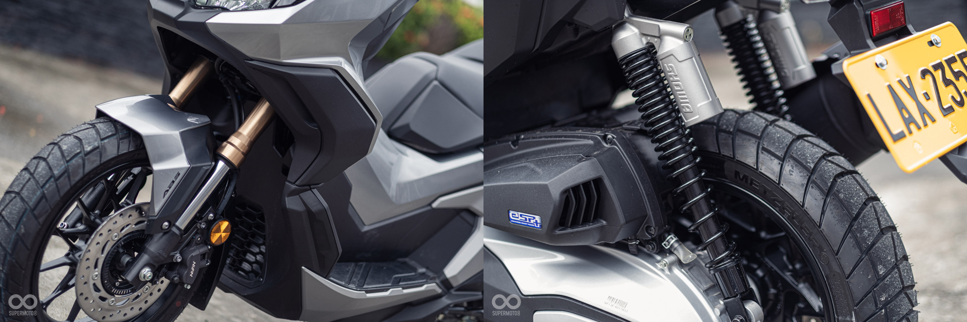 ADV350搭載37mm倒立式前叉配上雙槍後避震，後懸吊有預載可調功能