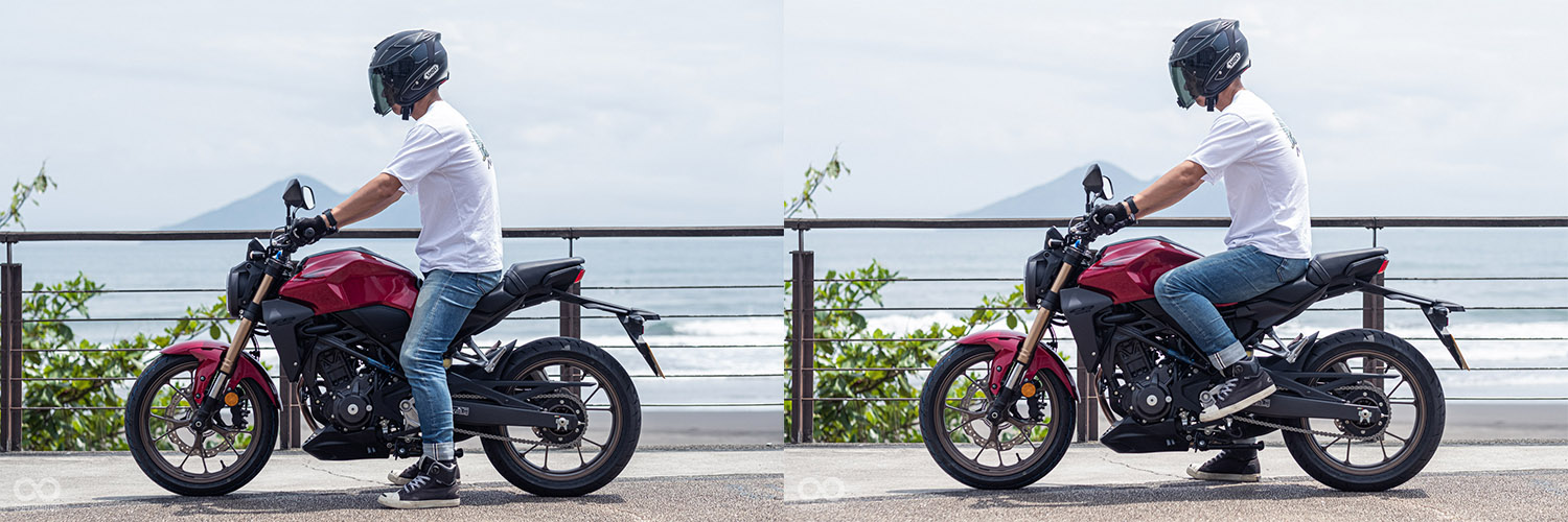 騎士身高180公分,跨上CB300R 雙腳能輕鬆平踏地面