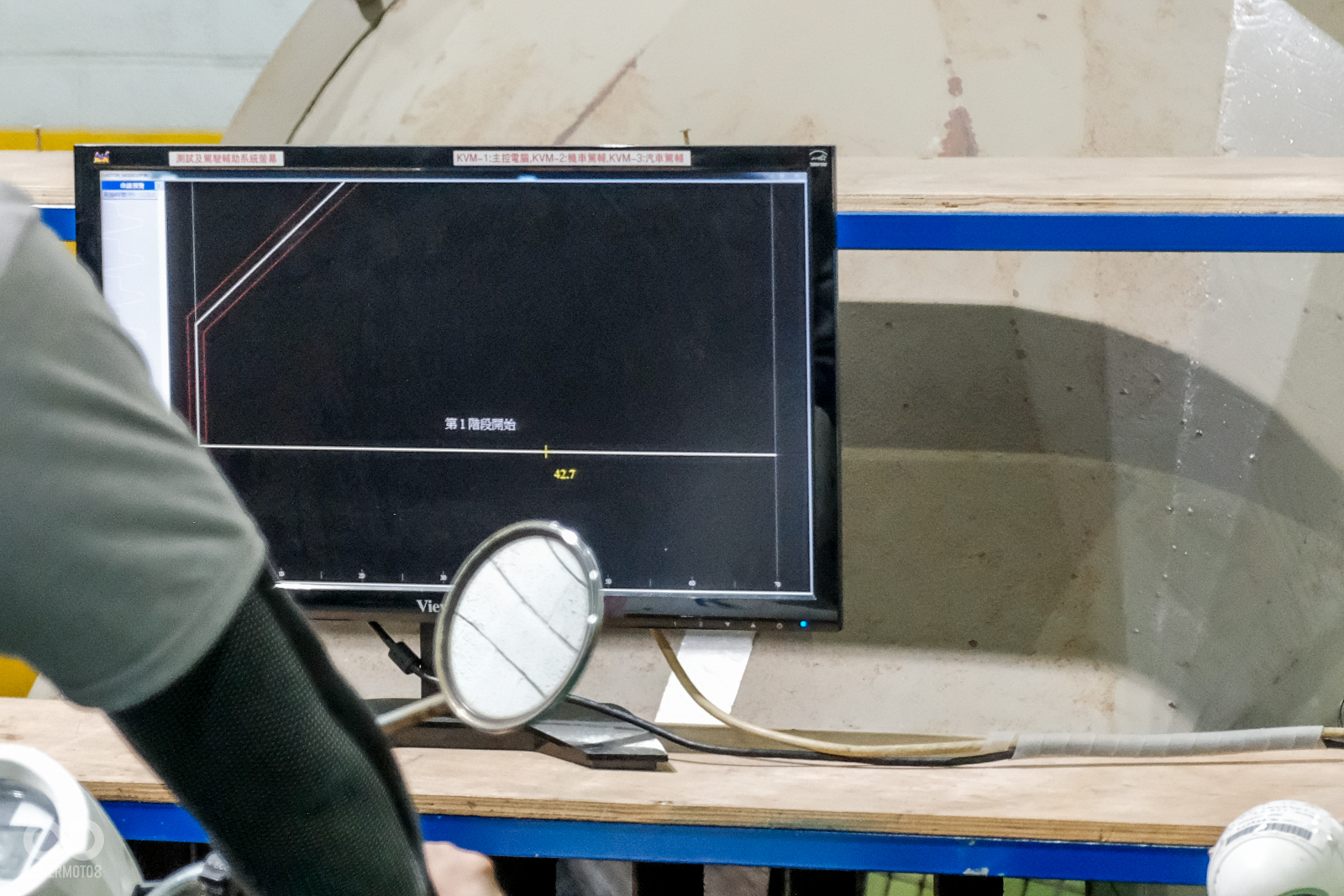 試車手需要依照畫面指示,依照時速控制油門開度,此演示畫面為示範,明顯不合格。正是測試情況為黃色的車輛時速需要準確地落在直線型的速度區間中,配合電腦設定加、減速