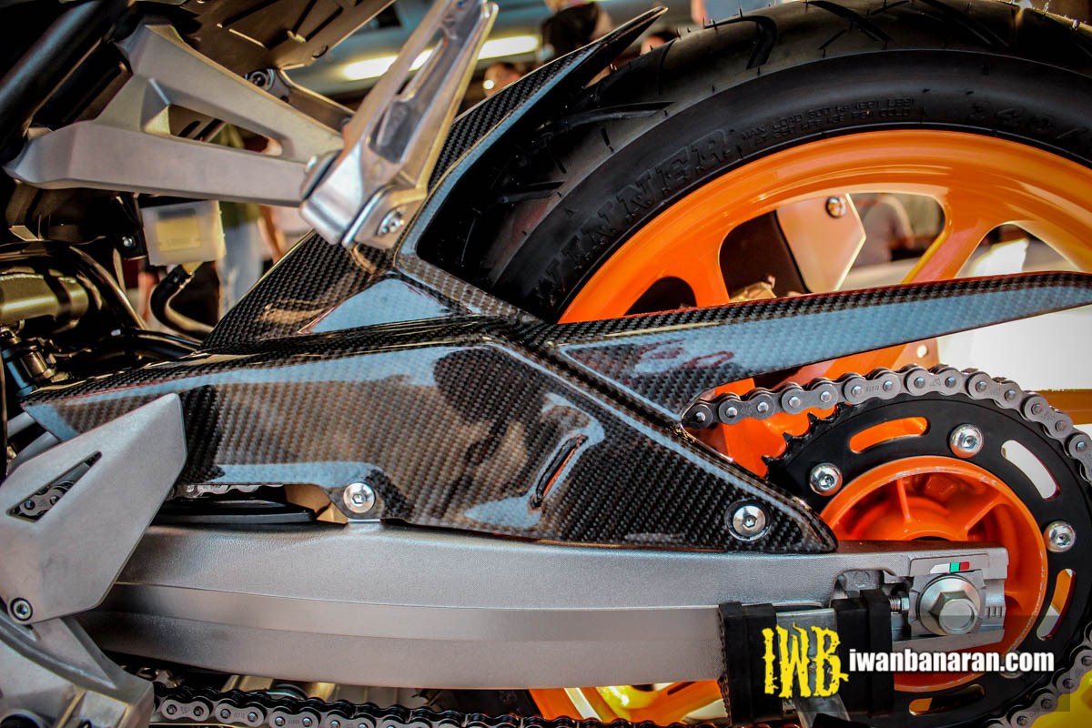 碳纖維製的鏈條蓋與後土除，能小幅度減輕重量，視覺上的滿足更是滿點