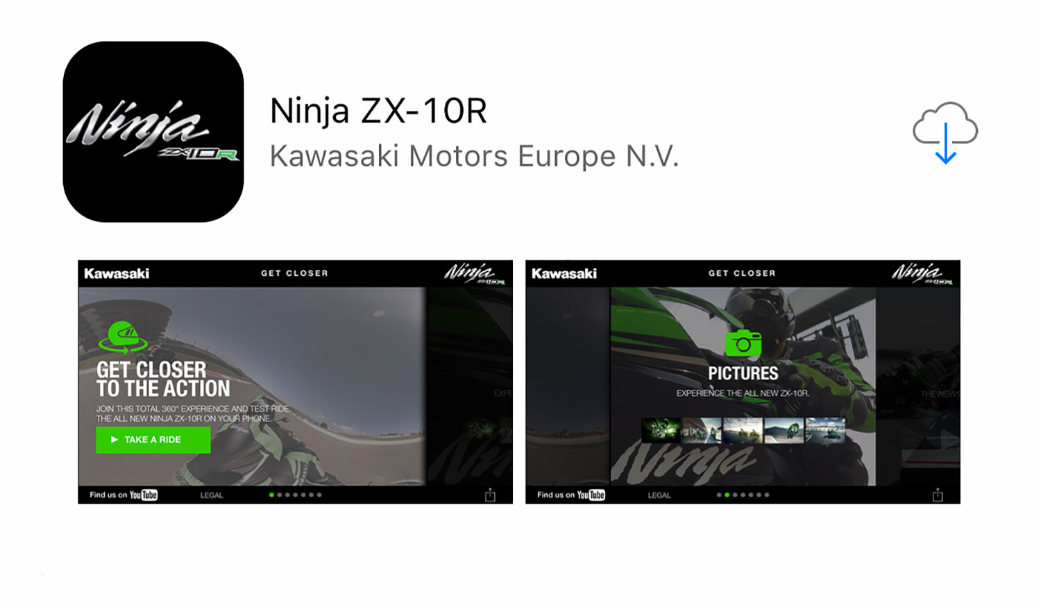 在apple iTunes或google play 搜尋 Ninja ZX-10R，將app安裝起來