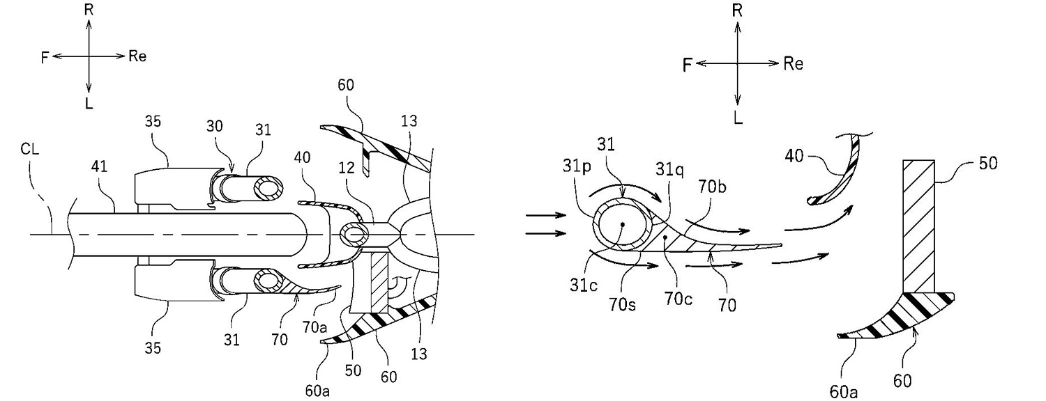 專利圖上能看到YAMAHA準備在前叉後方加入導流片，增加水箱撞風效果