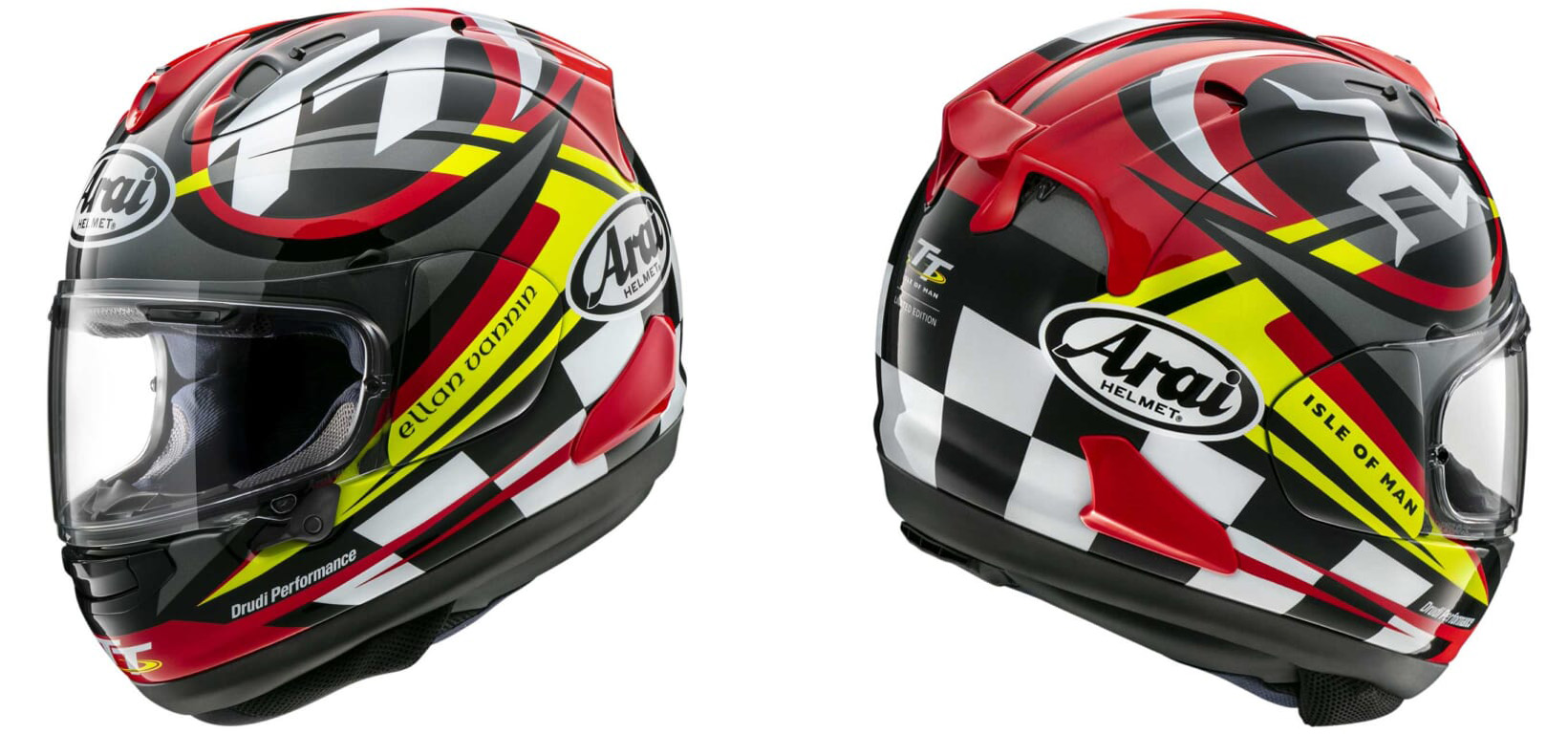 Arai RX-7X IOM-TT23以搶眼的紅、白、螢光黃作為主色,並加入曼島TT標誌以及方格旗作為點綴!