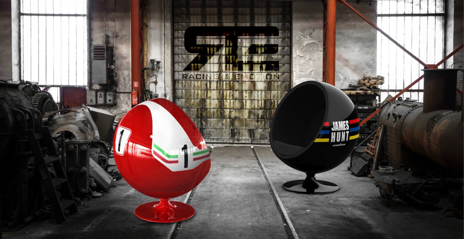 對於1970年代F1賽車迷,絕對忘不了Niki Lauda與James Hunt的頂尖對決,故事更拍成電影決戰終點線,這兩張椅子正好就是Niki Lauda的賽車塗裝與James Hunt的安全帽彩繪