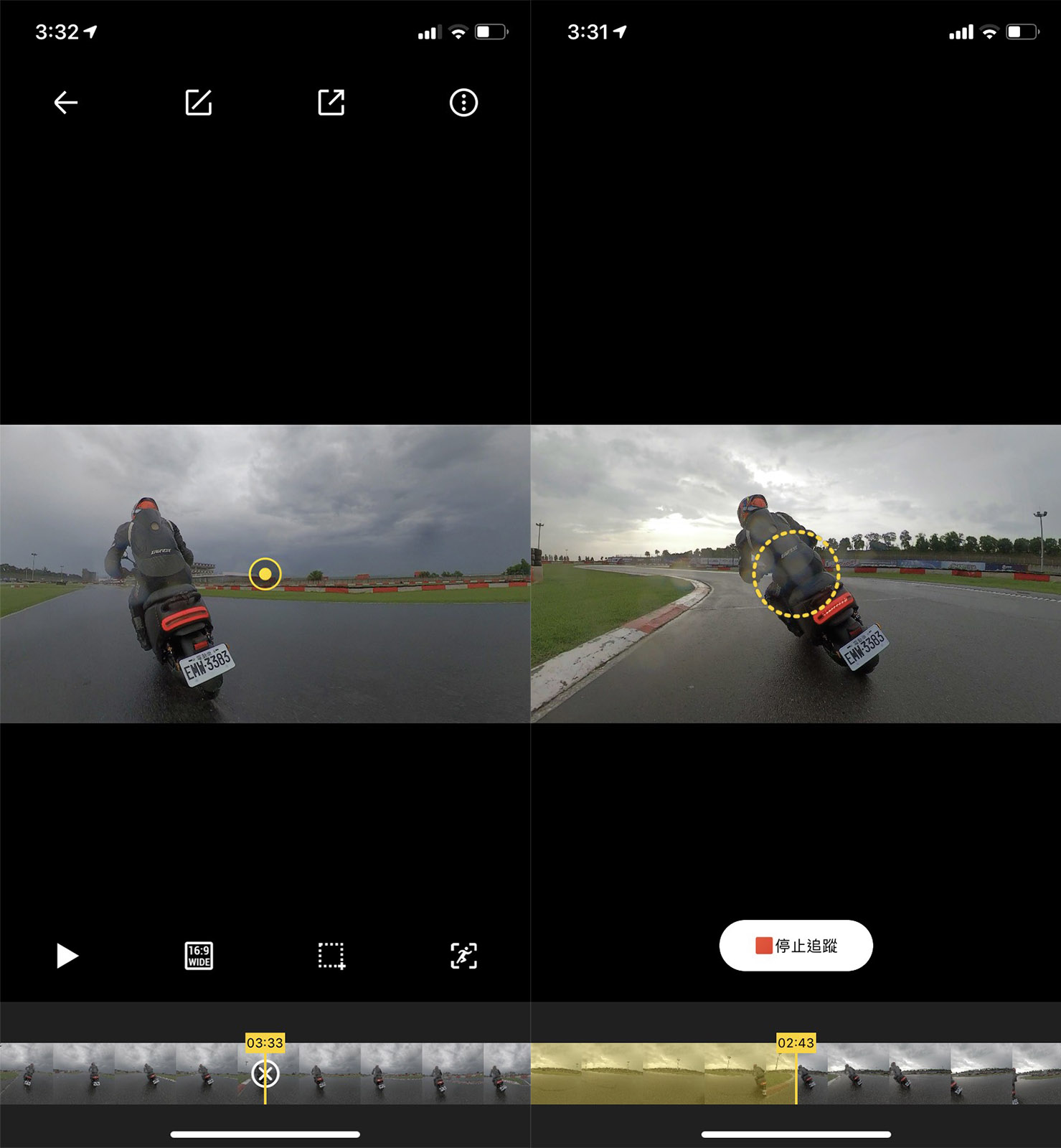 左圖為設定轉向點,可讓畫面平順的轉到定點;右圖為追蹤模式,例如拍攝機車時就可以一直追蹤主體