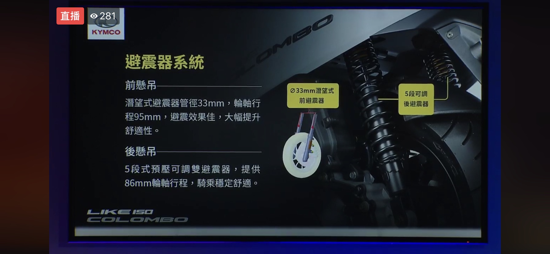 前輪採用33mm潛望式前叉，後輪為五段可調的雙槍避震器