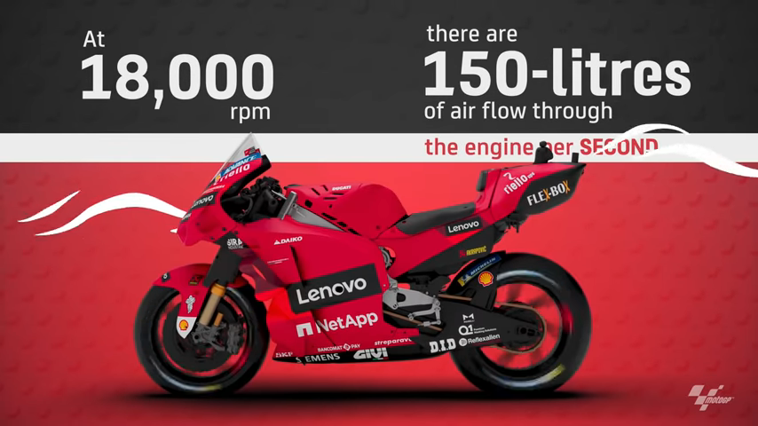 MotoGP廠車有著高達18,000轉的轉速與每秒150公升的進氣效率