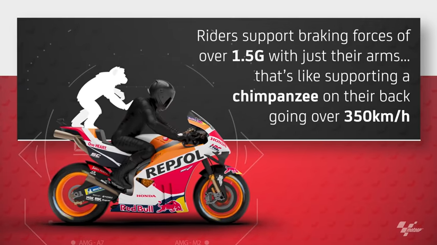 在重煞的狀態下,車手需承受1.5G左右的煞車力道,相當於一隻黑猩猩的重量壓在背上
