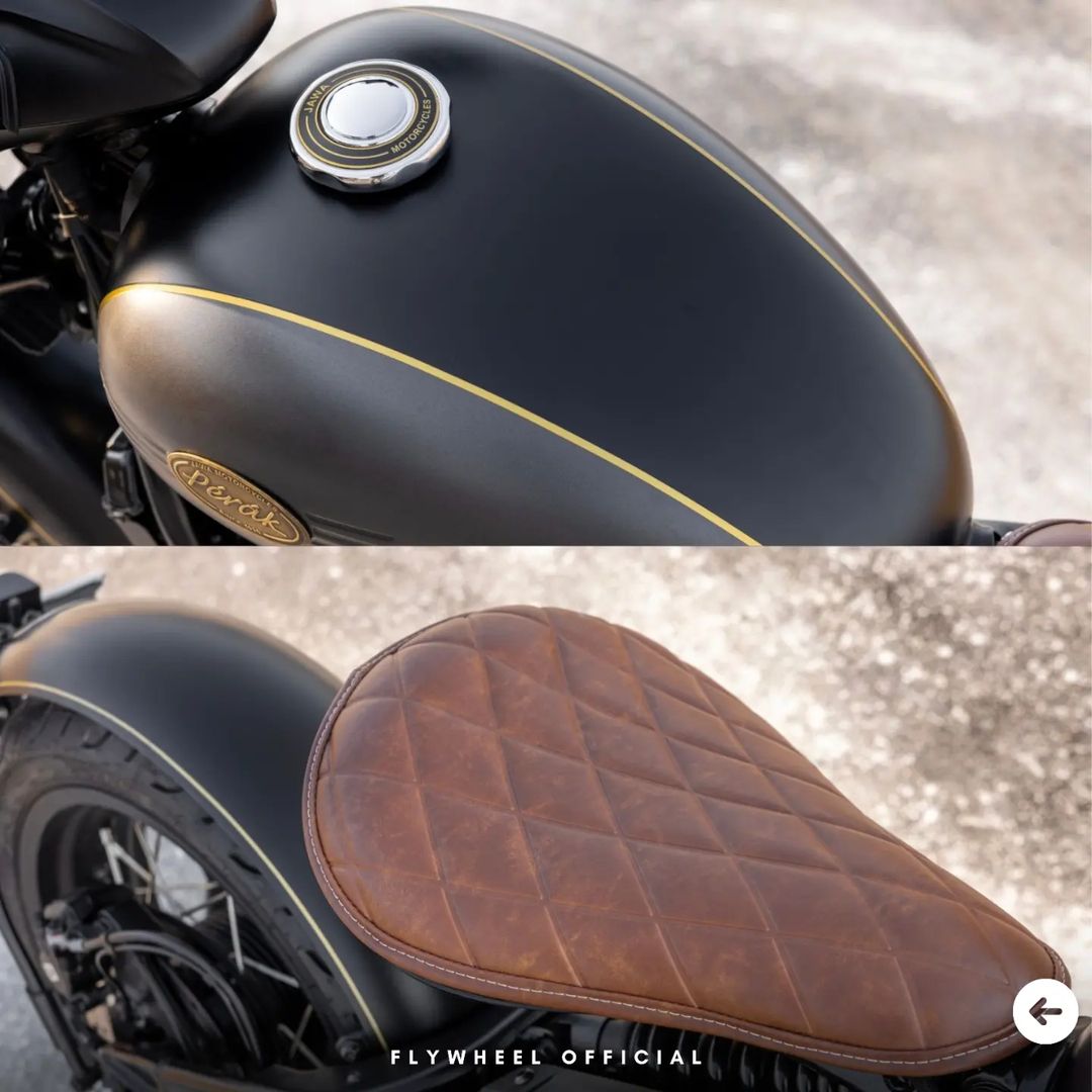 車身使用低調的消光灰配消光黑,油箱上有搶眼的黃銅色點綴