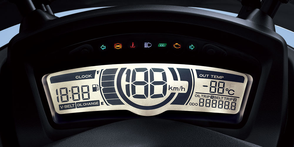 全液晶儀表板資訊豐富，內有時速、里程、時間、水溫、室外溫度、ECO指示燈等