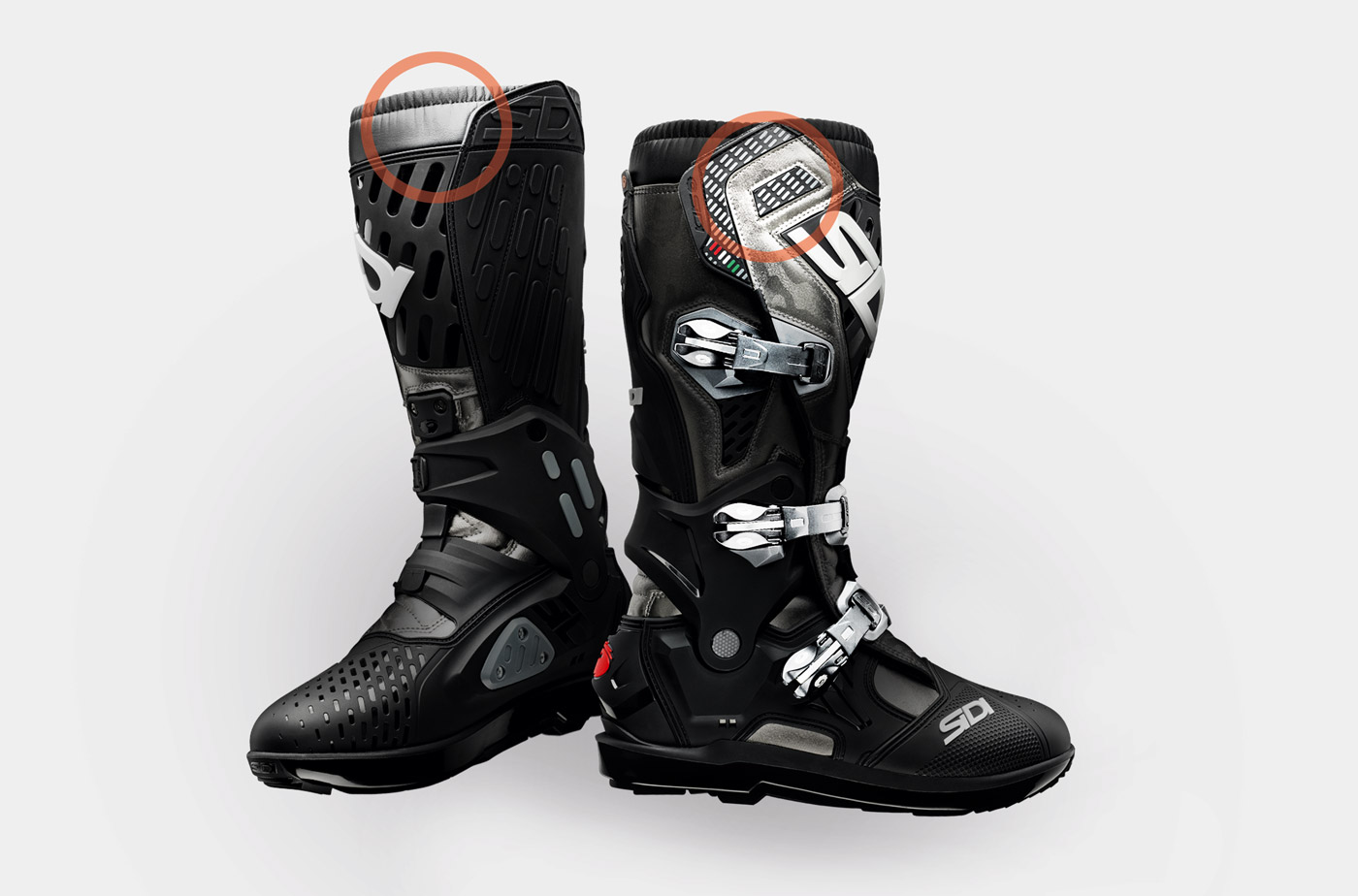 SIDI ATOJO SRS車靴上方有著防燙護板,中間則使用可更換的三扣具設計