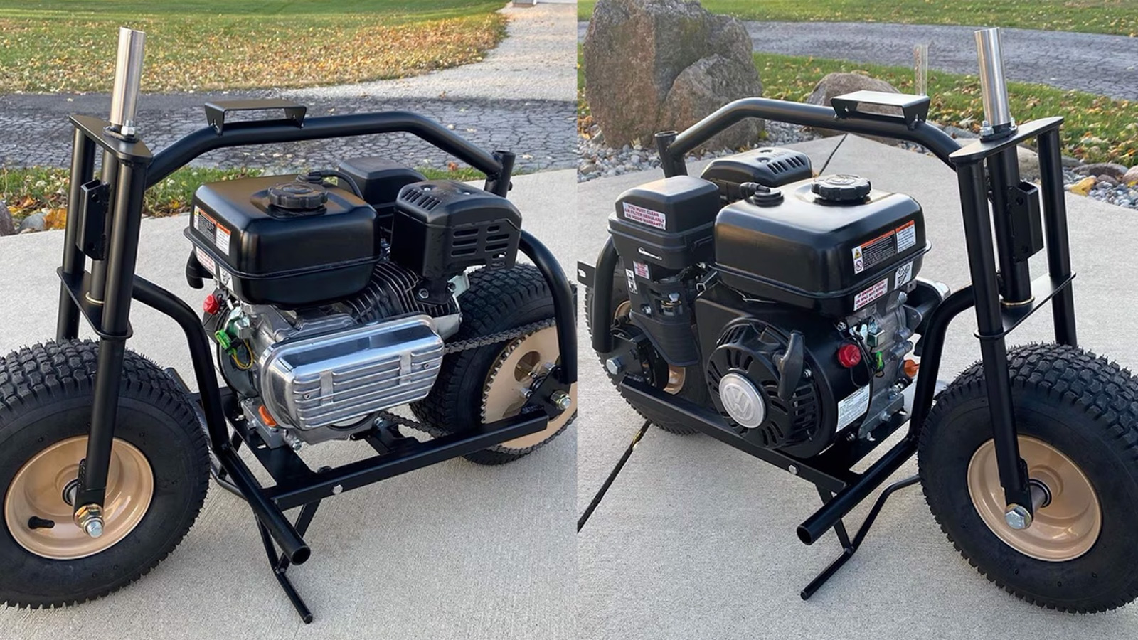 玻璃纖維車殼下,搭配一組弧形的鋼管車架,並且配備有可調式避震器