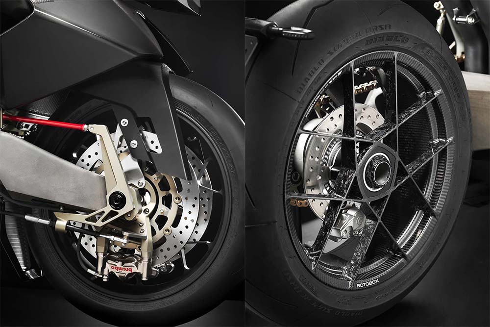 Rotobox的Bullet碳纖維輪匡,搭配Brembo GP4一體成型煞車卡鉗