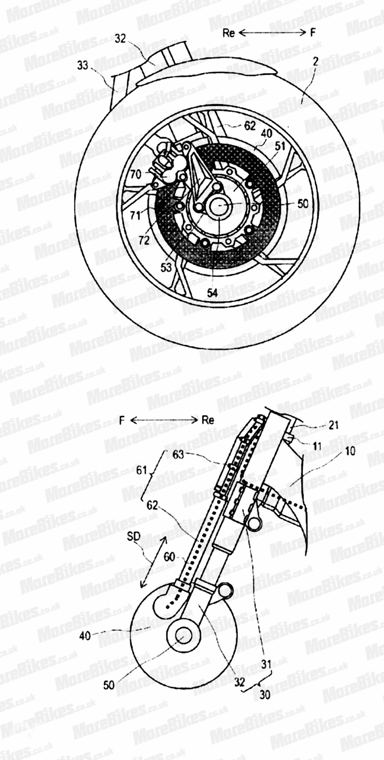 前輪的一側為置動裝置,另一側則是輪鼓式馬達,同時懸吊與馬達的供電系統也整併在此側