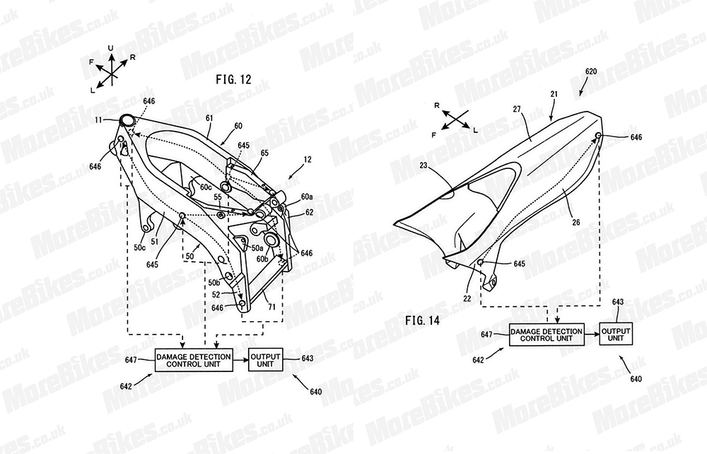 在這兩張專利圖上都可以看到一條橫跨車架的虛線，這條線就是碳纖維車架內電纜的位置，假如車架遭遇碰撞損傷，就可透過這條電纜傳達警告訊息到損傷控制單元(DDCU)幫助技師檢修