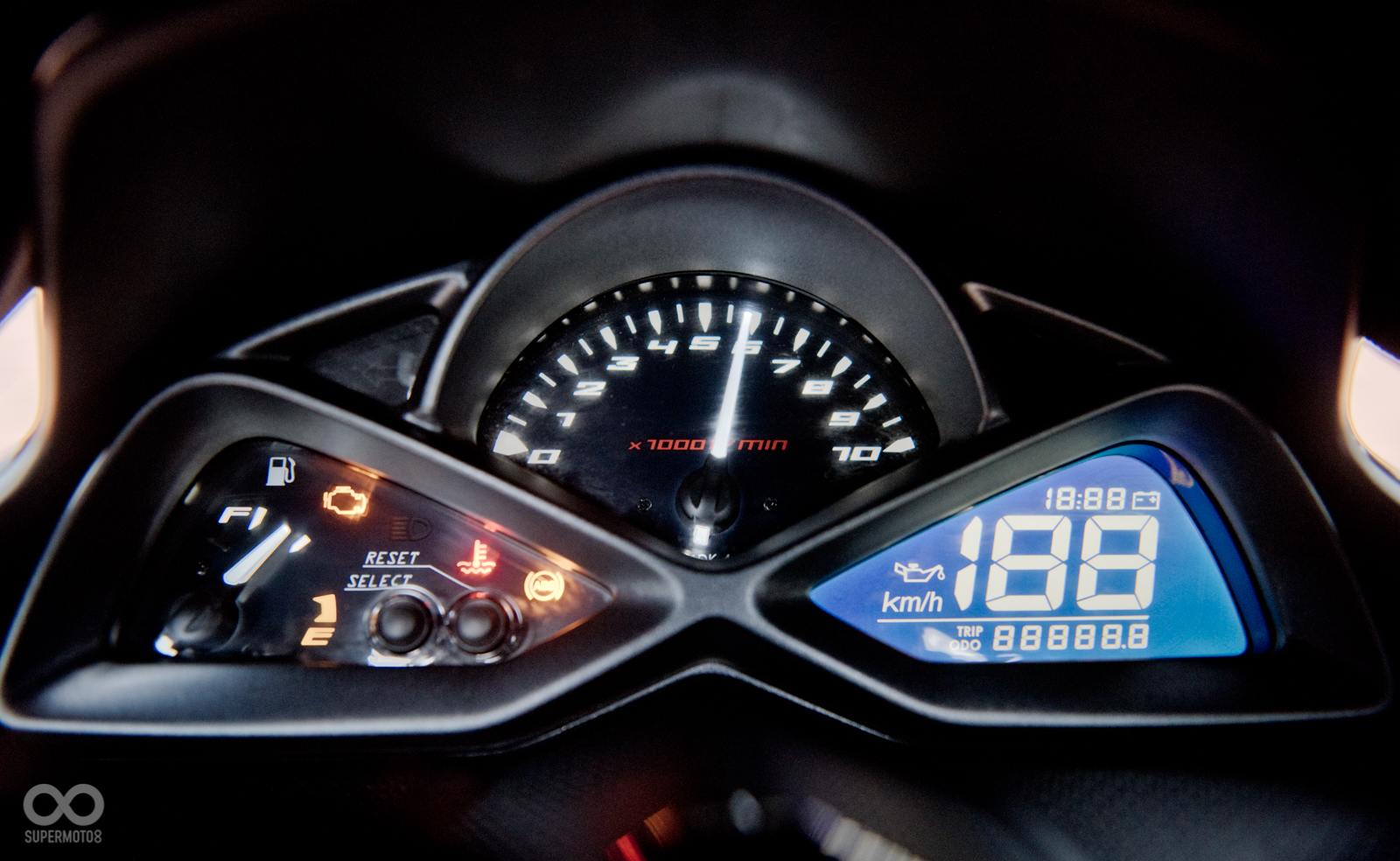 除了車頭的銘版與椅墊上的烙印,在儀表板上也加進了ABS作動的指示燈號