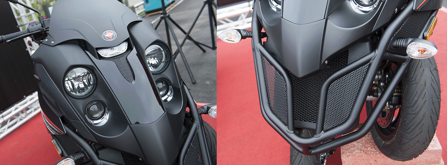 短風鏡以霧面烤漆處理,搭配下巴的粗礦保桿設計,使車頭在視覺上更霸氣