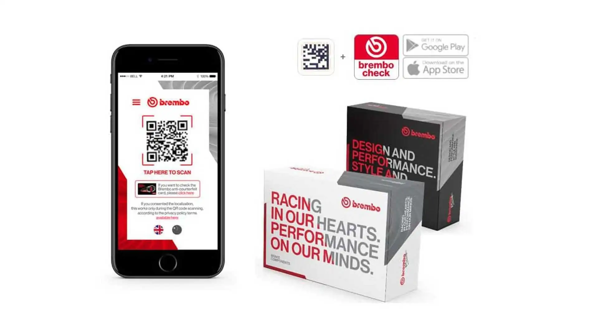 BREMBO推出防偽QR CODE和APP，買家只要透過QR CODE快速掃瞄就能判別是否為正版商品