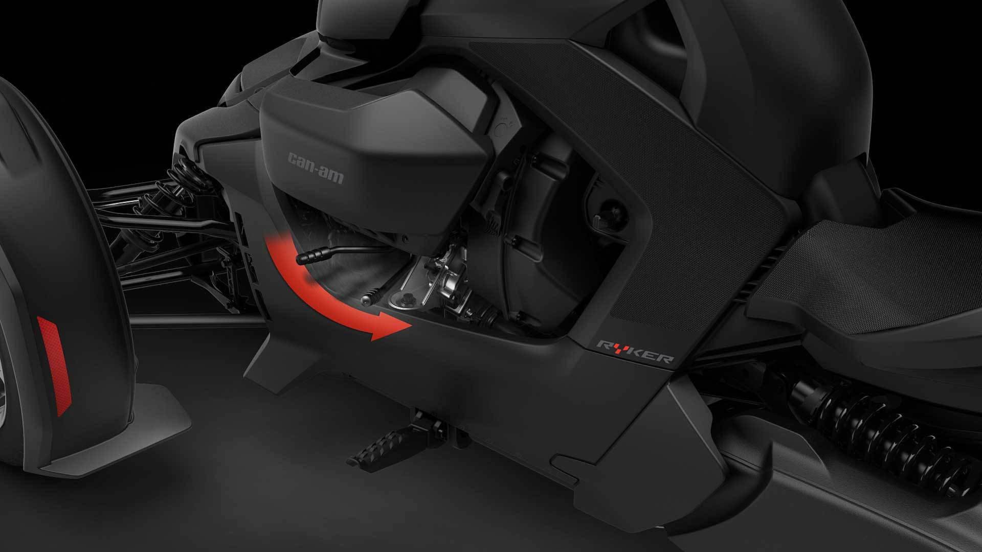 除了特殊設計的軸傳動系統之外，Ryker也使用了不同於以往的CVT無段式變速箱，並且同樣具有倒車檔的功能，另外還標配了ABS和循跡控制系統