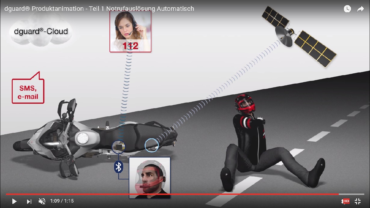 感應器會在車禍發生時偵測騎士是否在車上，救援中心為有18種語言版本的智慧語音系統，能替騎士就近呼叫援助