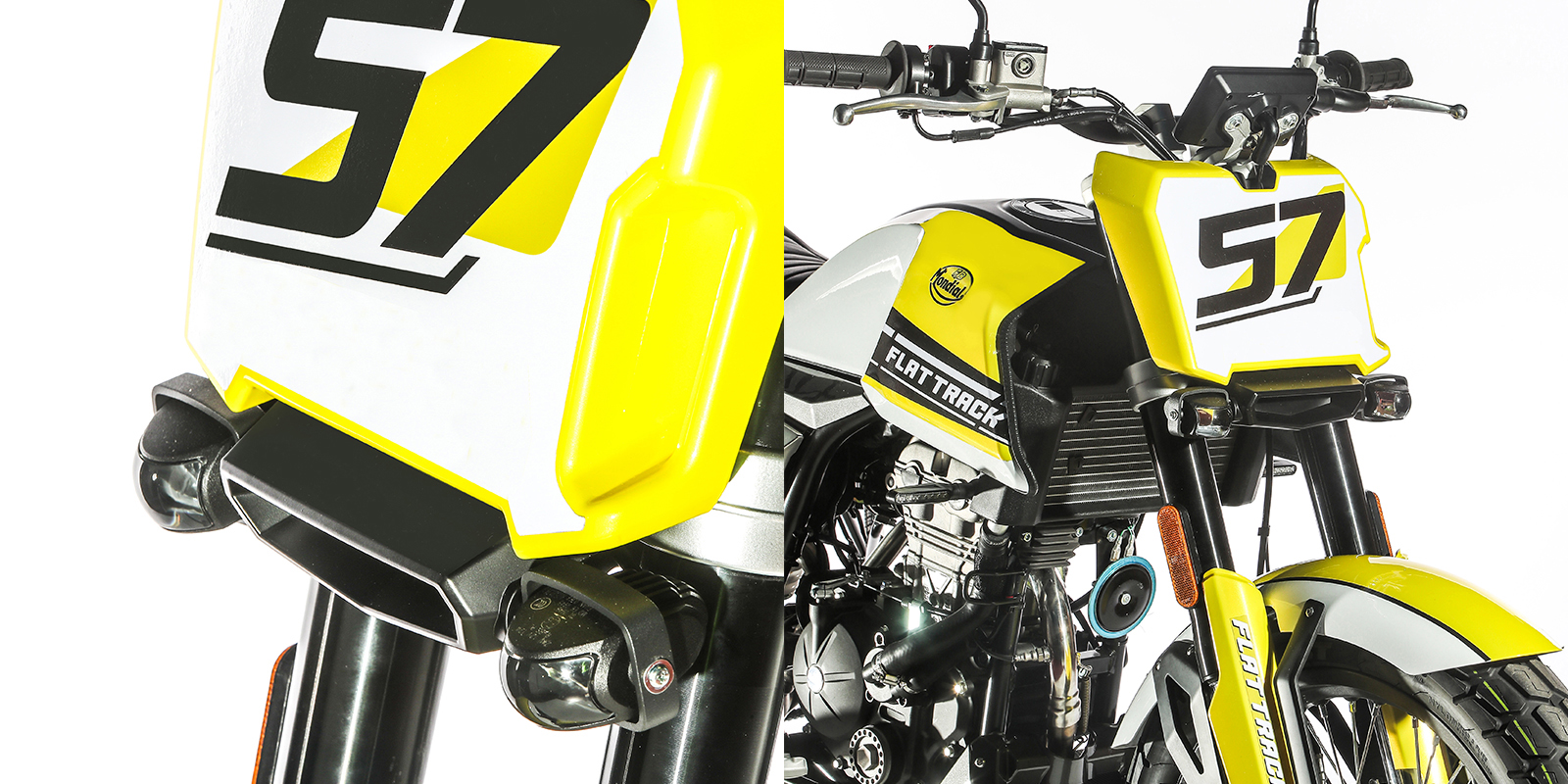 號碼牌下方有兩顆LED大燈;57號的號碼是為了致敬1957年Mondial奪下MotoGP冠軍