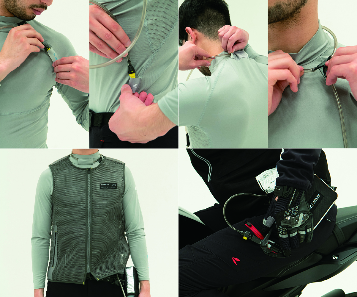 LiquidWind水冷涼感衣的結構十分簡單，就是透過脖子上的水管和腰部的水瓶幫浦，搭配網格背心將被水打濕的衣服蒸發散熱降溫