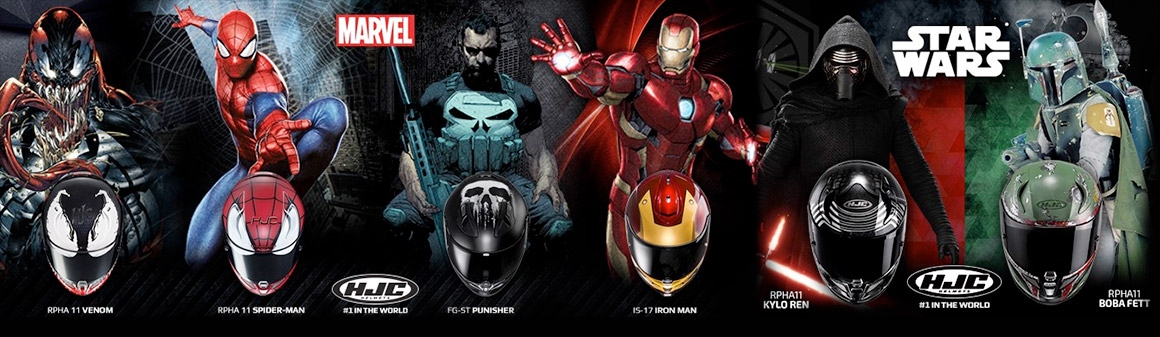 HJC在搶攻廣大影迷的市場上,手腳相當的迅速,很快地就與電影公司聯名推出了多款的知名角色安全帽