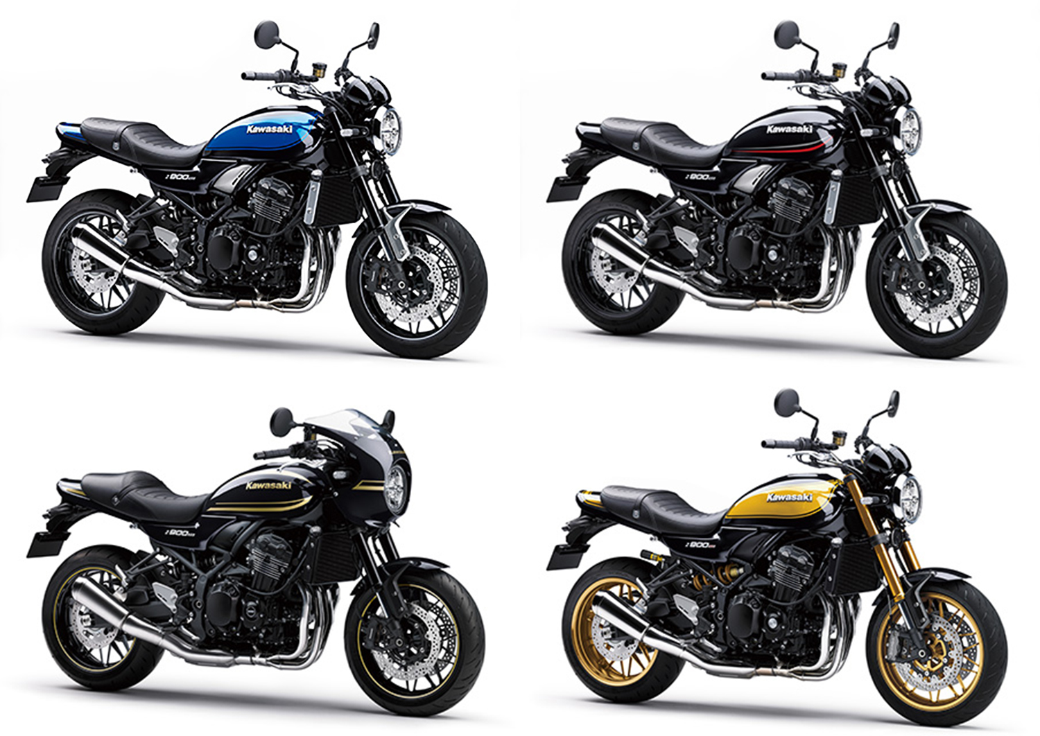 Z900RS一般版有藍黑、黑紅兩種配色;SE版維持金色塗裝樣式;Cafe版本則僅有單一的黑金塗裝