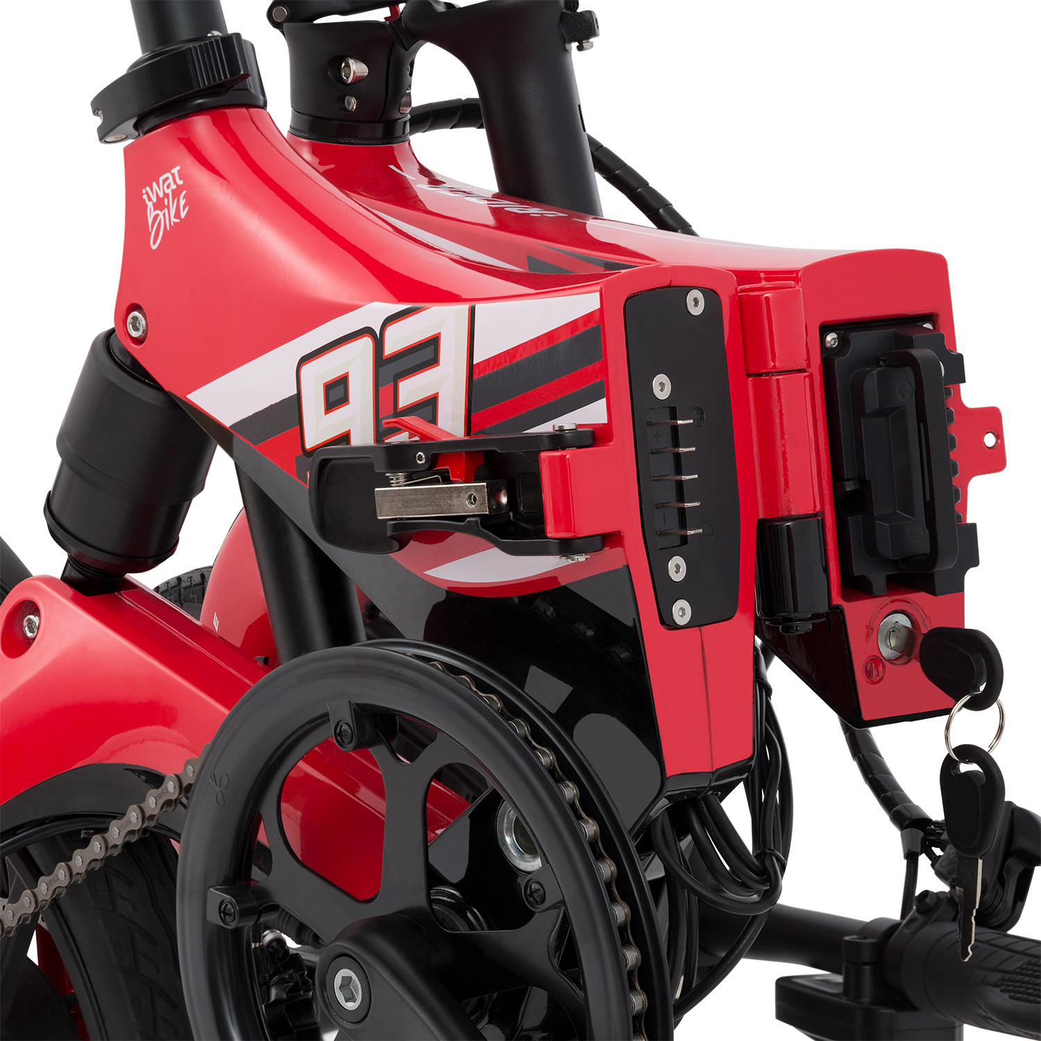 拆卸式的電池隱藏在車架當中，並且可以透過摺疊機構來抽取拆卸充電，相當特別的設計