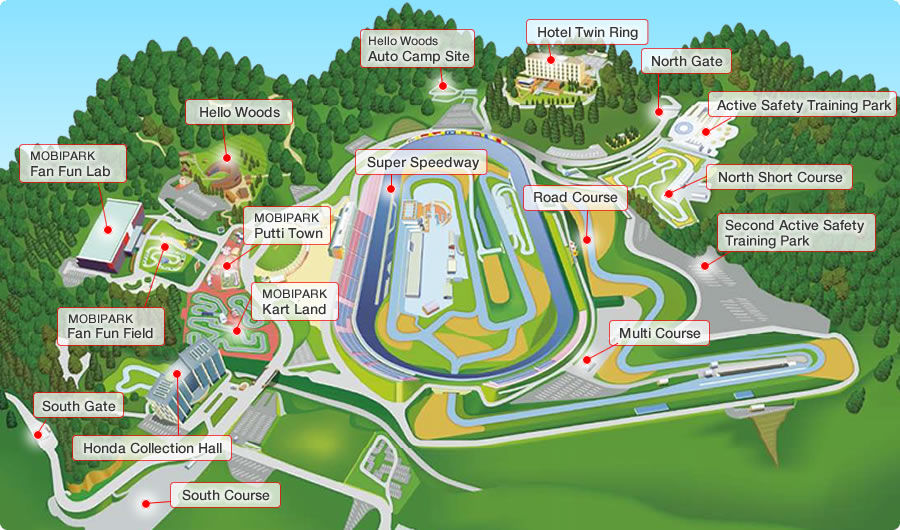 茂木賽車場場內地圖，除了正規賽道之外還有多種場所，感覺上更像一個遊樂園