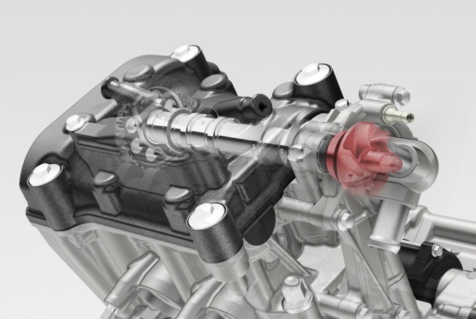 與RC213V相同的水路設計概念，水泵至於缸頭側邊