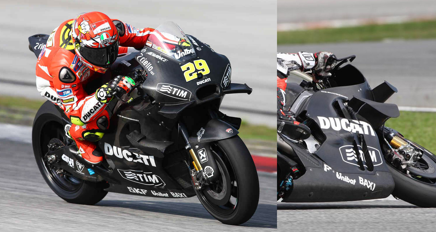 Ducati MotoGP廠隊可說是開兩輪賽事使用前翼的先鋒，從這兩年的成績來看，對在前端轉向一直有問題的Ducati廠車有所幫助，唯一需要適應的是賽車迷們的視覺感受。