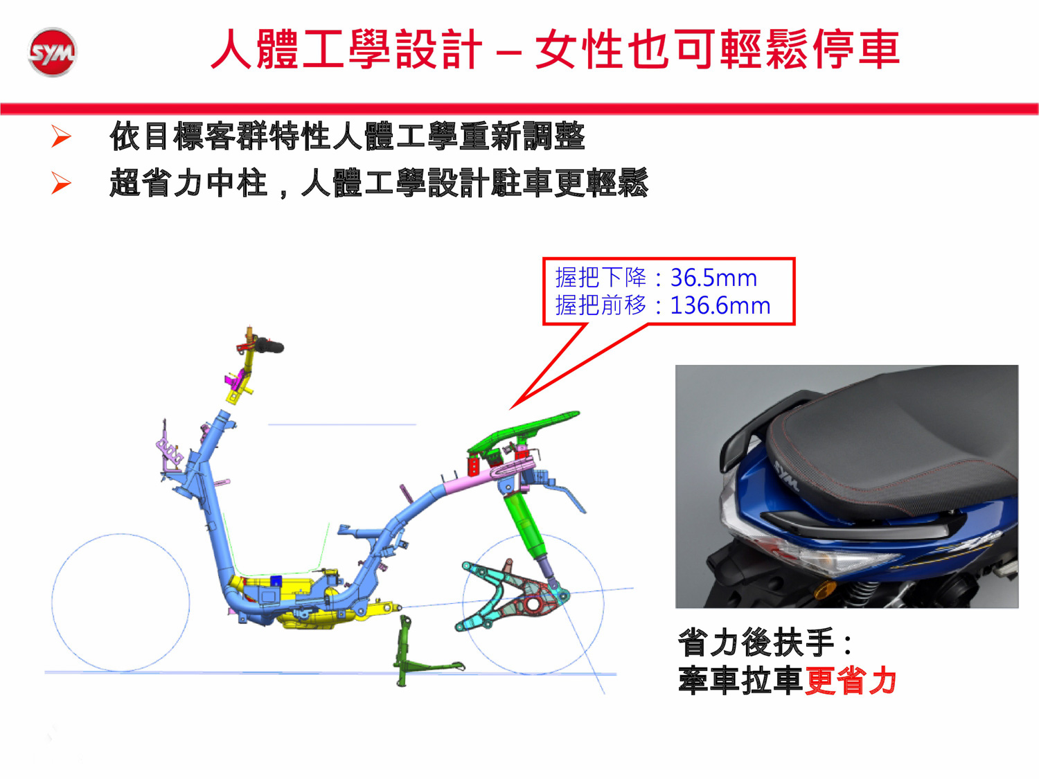 針對女性騎士最苦惱的駐車問題,Z1 Attila除了是同級最輕,還搭配了省力中柱,後扶手的位置也依人體工學調整到了最易於施力的高度,讓女性騎士也能優雅的克服停車難題