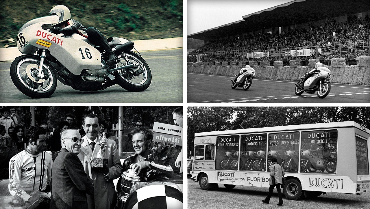 出人意料,DUCATI 竟包辦Imola 200的冠亞軍,自此成為義大利境內家喻戶曉的廠牌,形象也大大提升,左下圖裡右者為冠軍車手Paul Smart,他右邊為工程師Taglioni