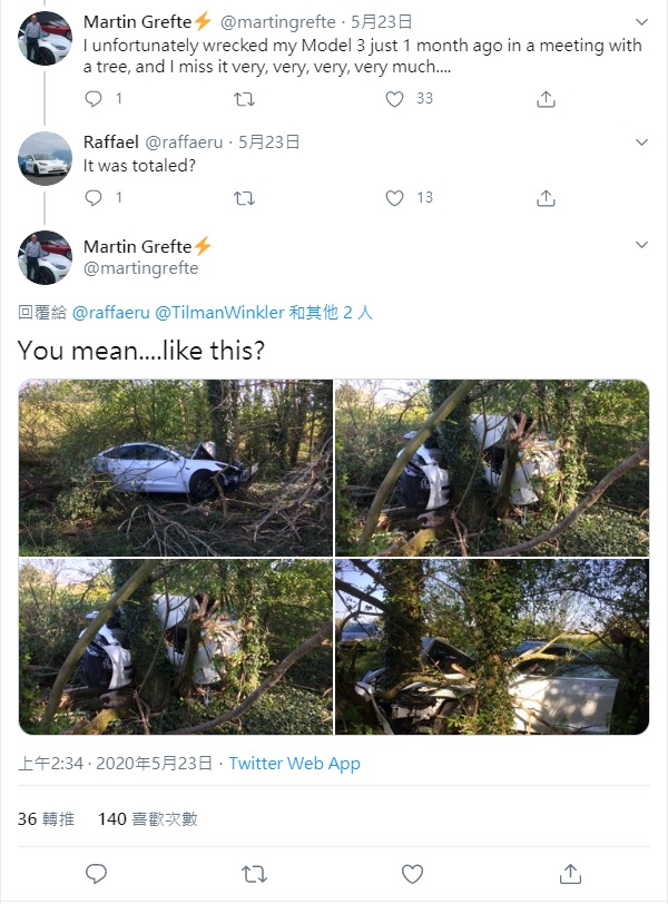 車主Martin Grefte表示，他的Model 3在這場車禍中幾乎全毀