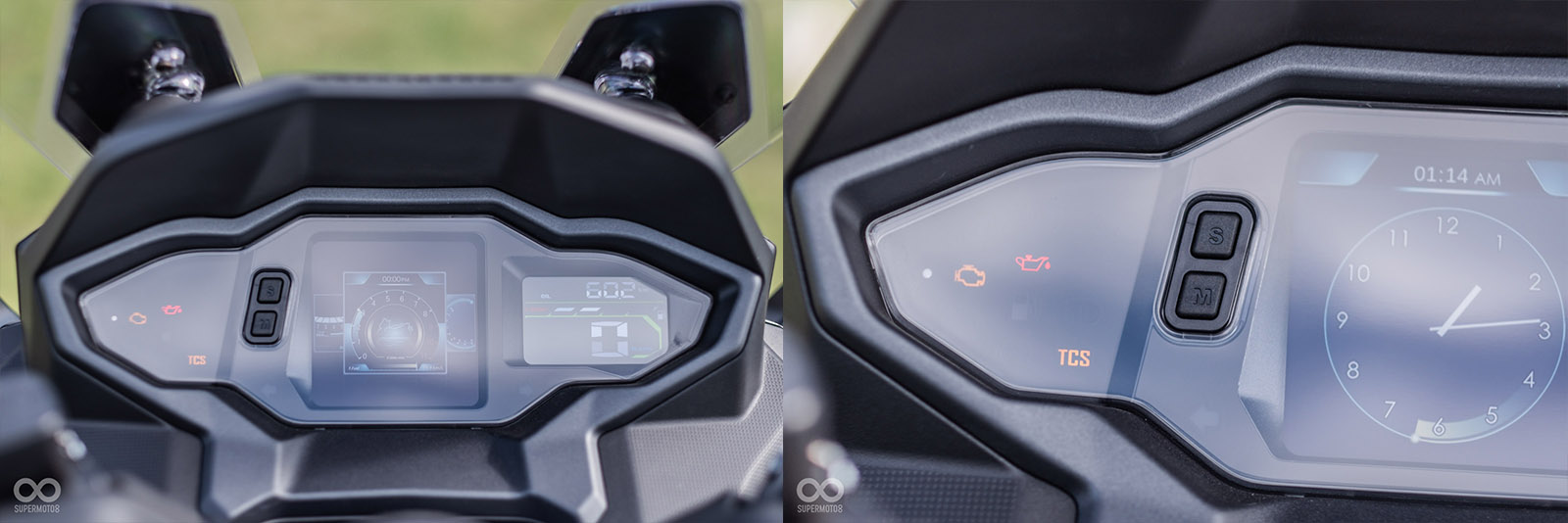 全彩TFT儀表，除了時速外也標配胎壓數字顯示；左邊區域配有TCS燈號