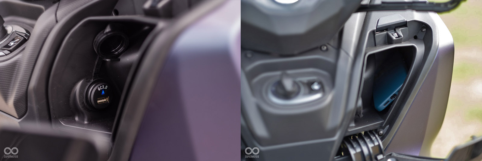 手套箱內的充電插座為QC 3.0規格；右邊手套箱可以放入一支手機