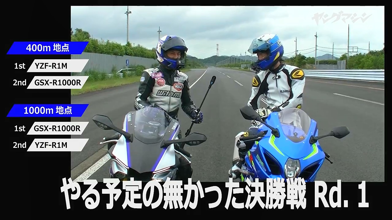 R1M 在第一回合中以些微差距先通過400m 記時點，但1000m 時卻被對手追過，相差不到一個車身