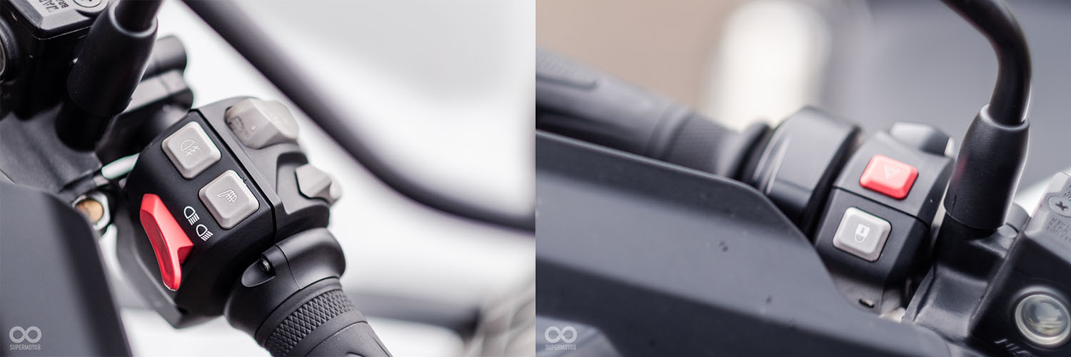 大燈、霧燈開關以及坐墊加熱開關整合在左手握把前方;右手握把前方則是警示燈開關