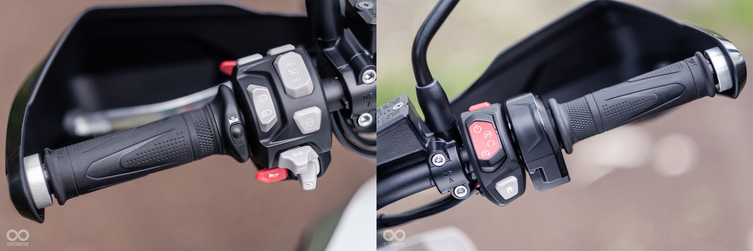 左手握把除了常見的開關之外,還有儀表操作桿、模式切換鍵、定速巡航開關,以及握把加溫開關;右手握把則是引擎開關/啟動按鈕和儀表主選單按鍵
